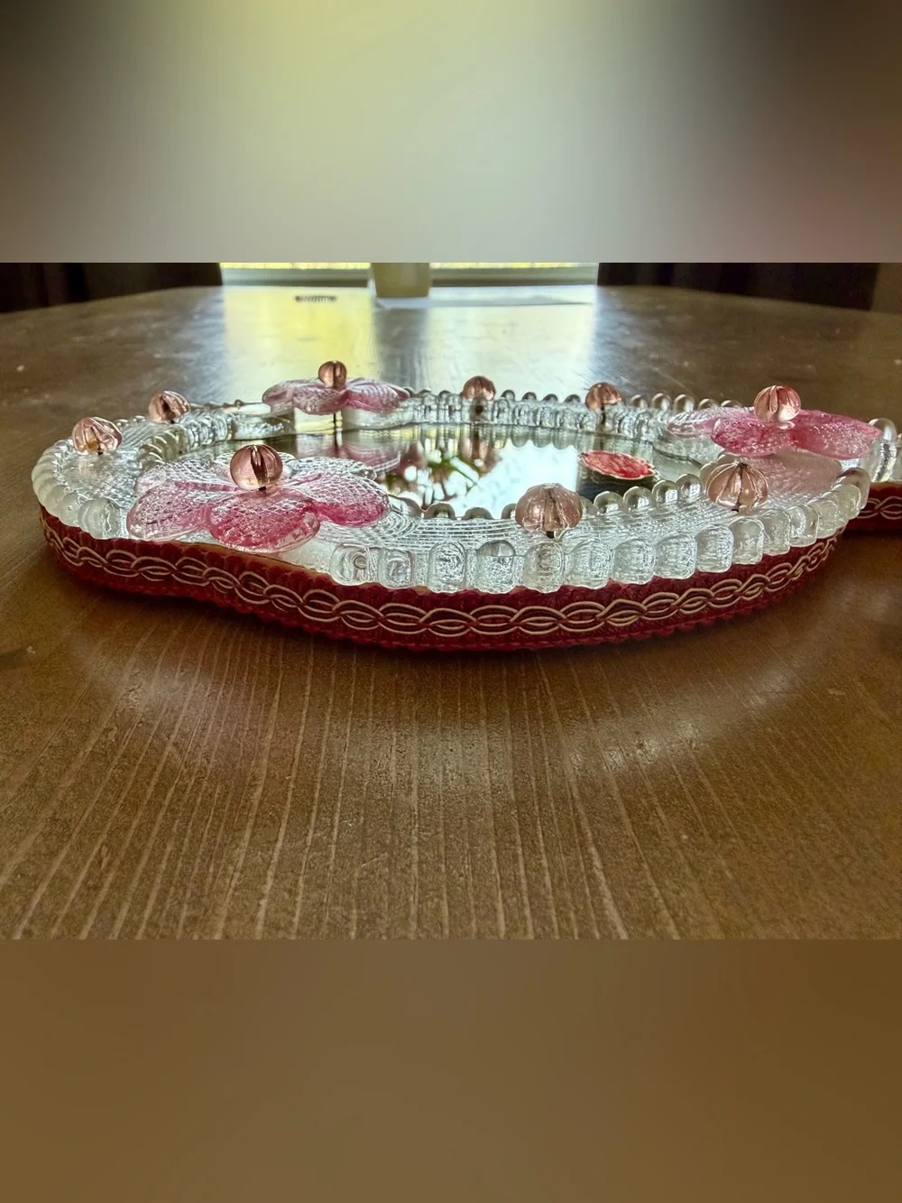 1950s Vintage Italian Venetian Hand-Blown Pink Floral Murano Glass Hand Mirror